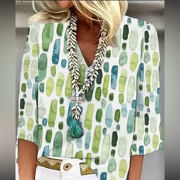 Tops - Blouse V-Neck  3/4 Sleeve Geometric Print Blue, Green, White - XL